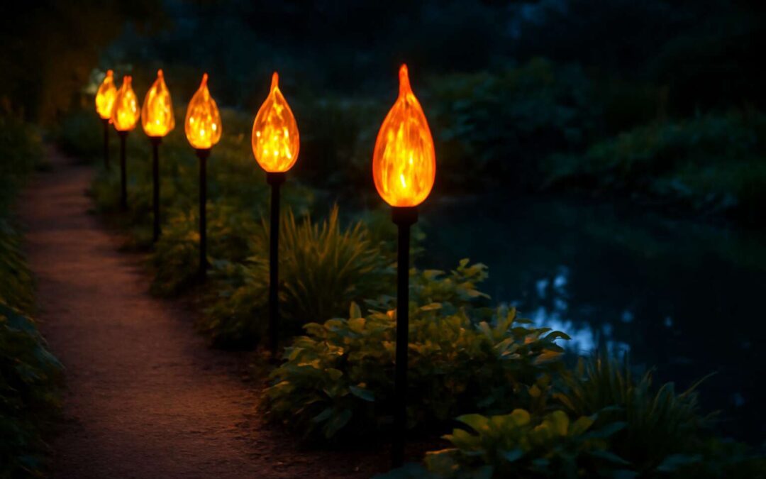 Enchant Your Garden: solar lights look like flames for a magical outdoor glow.